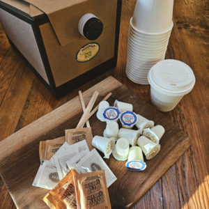 20 Cup Disposable Coffee Carafe (includes cups & lids, creamers, milk, sugar, Sugar Twin, stir sticks) serves 16-20