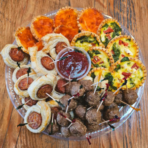 Hot Appetizer Tray (mini sausage rolls, meatballs, quiche tartlets-32 pieces, includes dipping sauce) serves 5-10