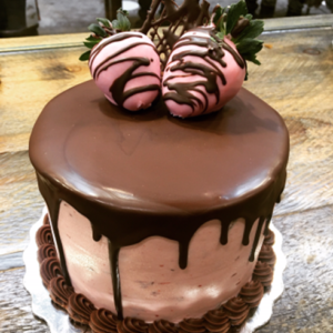Valentine Chocolate Strawberry Bliss Cake 6" (serves 4-6, chocolate cake, fresh strawberries + chocolate cream filling, hazelnut fudge truffle)