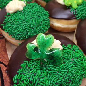 St. Patrick's Day Donut Assortment 6 Pack (2 Irish Cream filled +2 chocolate cream filled + fancy ring donuts decked out for St. Paddy's Day!)