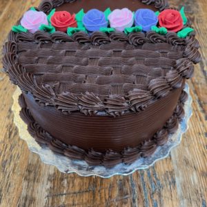 Basket Full of Mums Cake (chocolate cake, decadent fudge icing & filling) 9" size serves 6-8